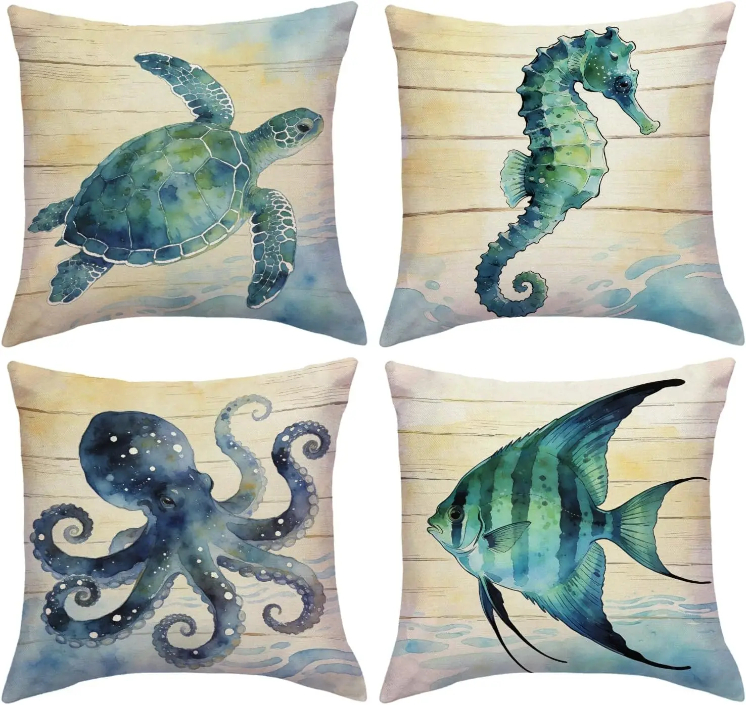 

4Pcs Marine Life Throw Pillow Covers Watercolor Sea Turtle Seahorse Octopus Fish Cushion Cases for Living Room Bedroom Sofa Home
