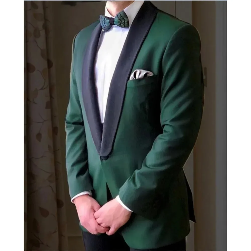 Elegant Green Men\'s Suits Black Shawl Lapel Single Breasted  Luxury 2 Piece Jacket Pants For Wedding Groom Customized