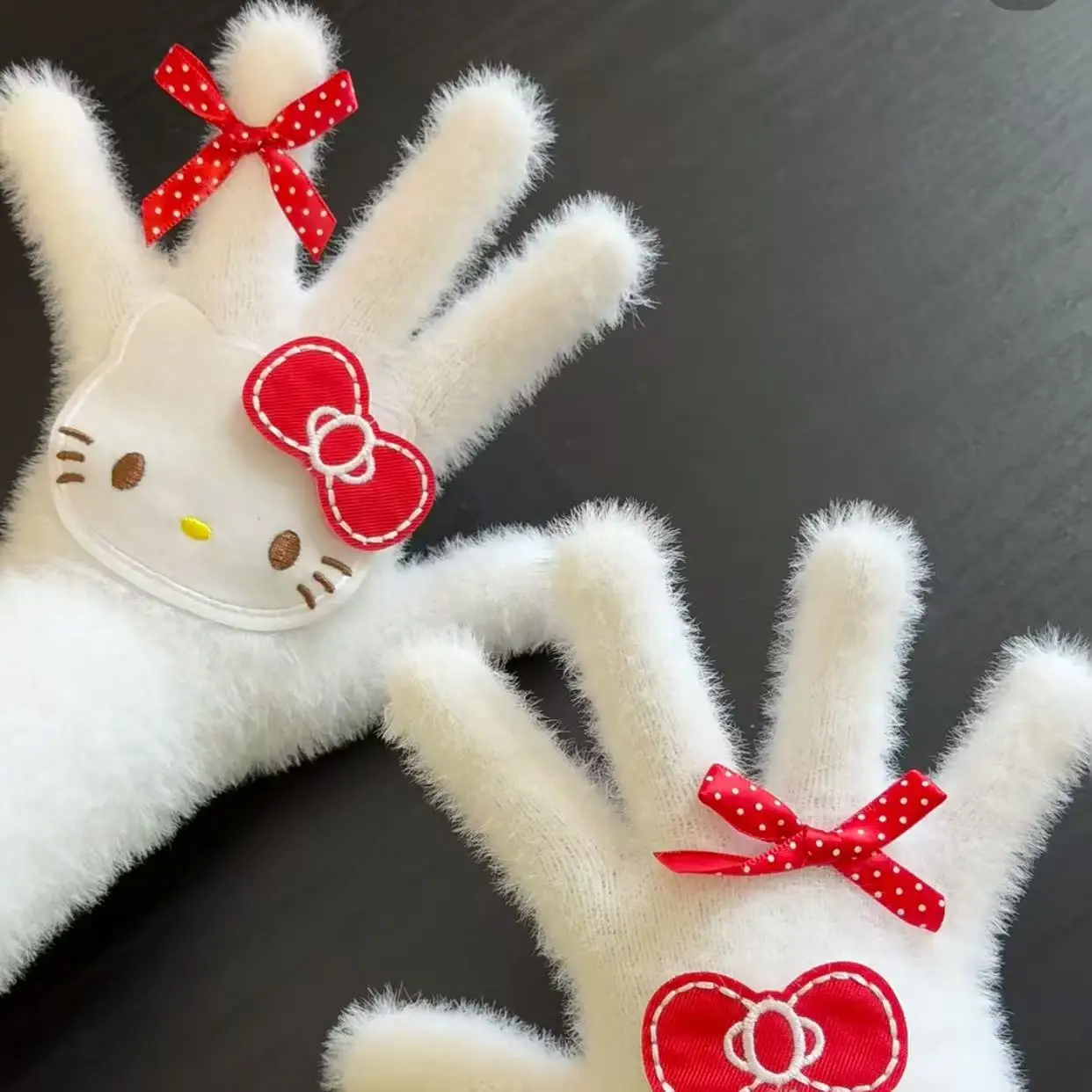 قفازات هالو كيتي الأدبية الرجعية منقوشة كيتي للنساء للتدفئة في الشتاء لطلاب ركوب الدراجات بخمسة أصابع لمنع البرد #3