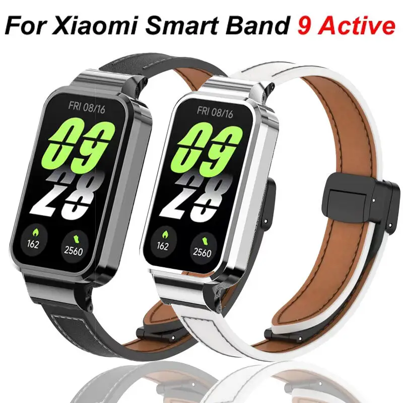 Magnetische Faltschließe Lederarmband + Hülle für Xiaomi Mi Band 9 Active Smart Watch Armband Armband für Mi Band 9 Active Gürtel