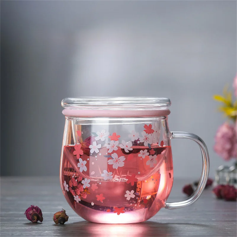 300 ml süße beheizte Widerstand japanische Kirschblütenbecher mit Tee-Ei, Filter und Deckel, Glasblumen-Teetasse, Weihnachtsmasse