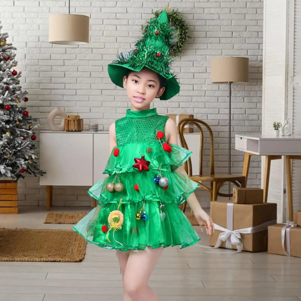 Kids Special Occasion Dress Christmas-themed Children's A-line Dress with Stand Collar Scattered Cake Hem Sleeveless for Stage