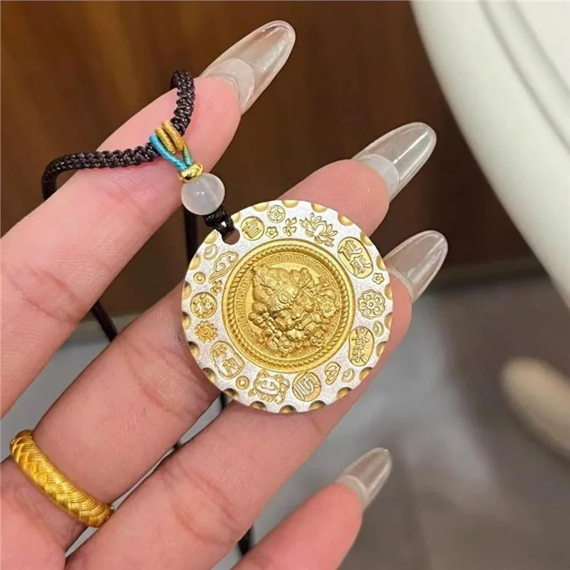 

S999 Solid Fat Dong Lai Позолоченный Lucky Big Cake Fortune Пара Серебряный кулон Веревка Мир