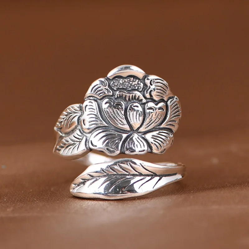Buyee 925 Sterling Silver Female Big Ring Finger Peony Flower Open Ring for Women Fashion National Style Fine Jewelry Circle