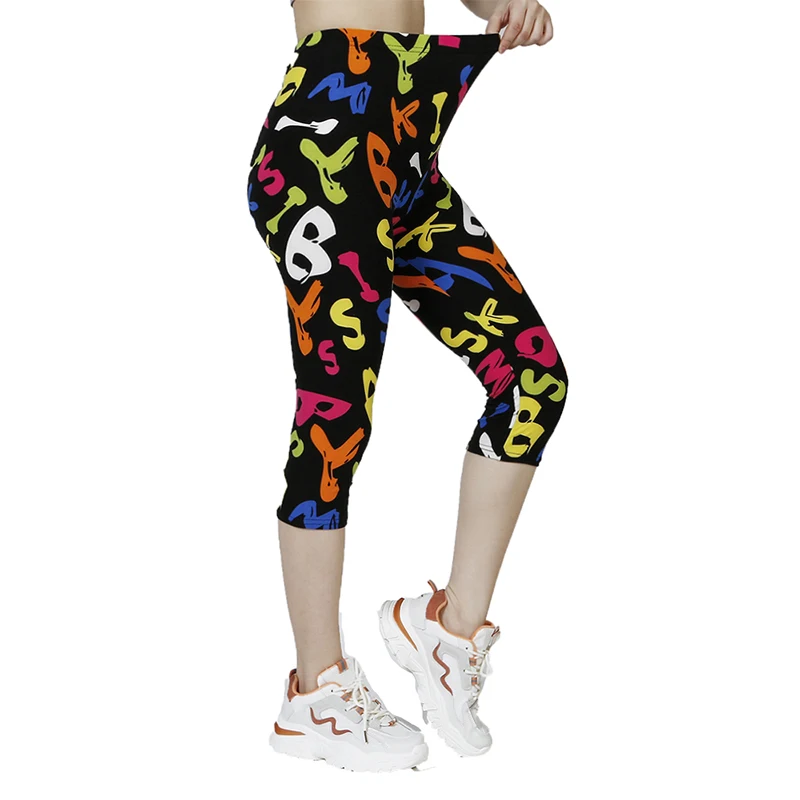 QR30 Colored Letters Summer Printed Pants, Soft and Elastic Casual Sports WOMEN\'S Fitness Capris