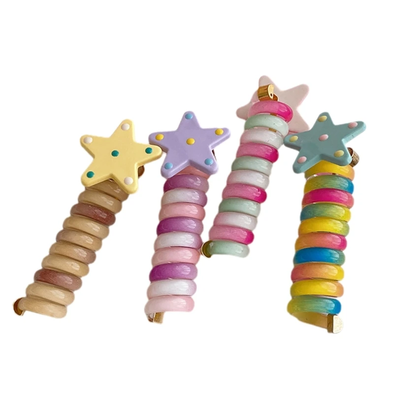 1 Pair Kids Rainbow Star Coiled Hair Tie Colorful Telephone Cord Hair Scrunchies