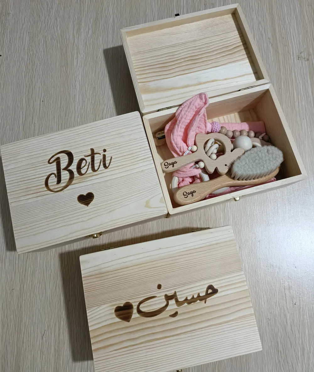 Personalized 8pcs Baby Gift Set Box, Baby Brush with Custom Name Wood Teether Newborn Toy Set Baby Girl Boy Gift Set