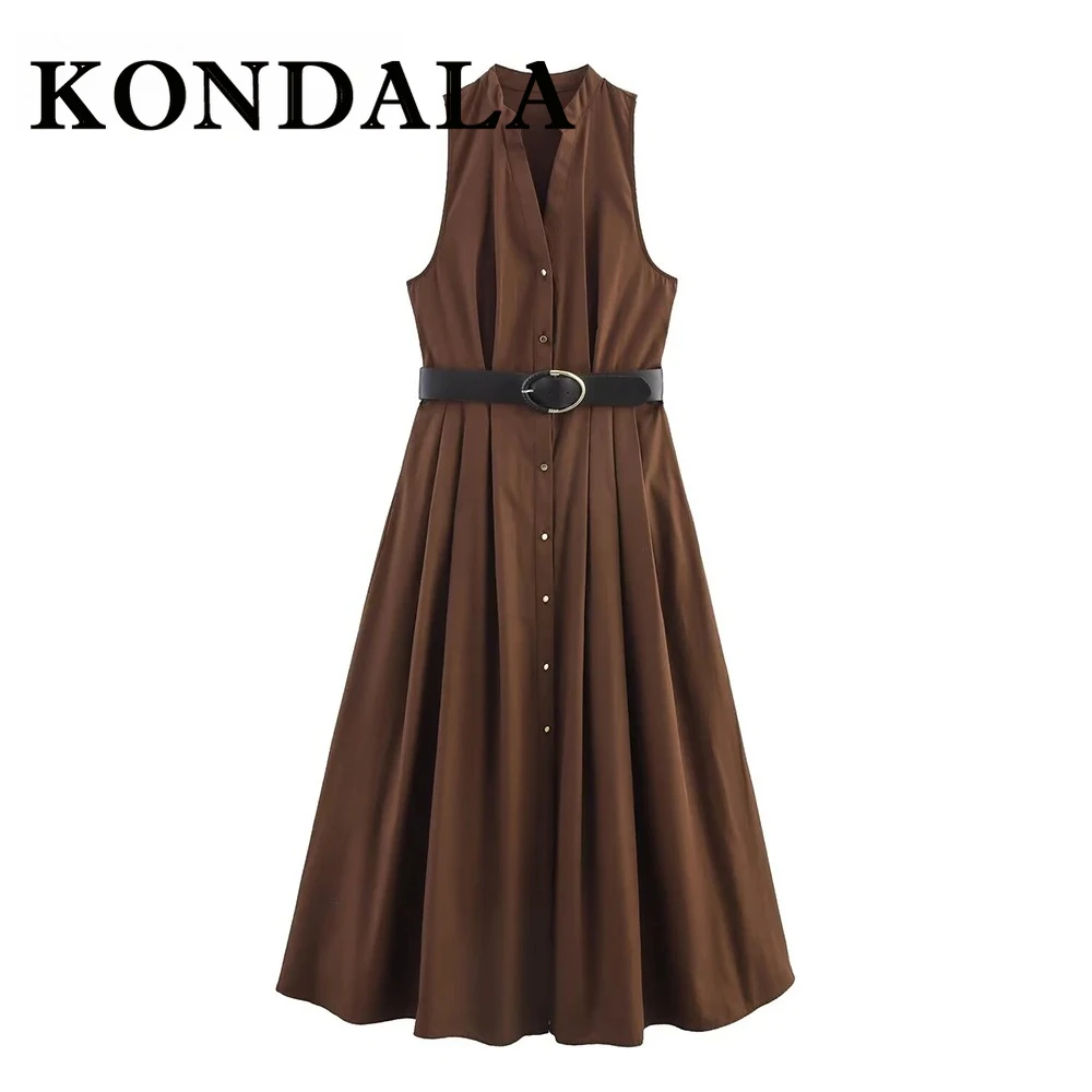 Kondala vintage marrom mulher vestidos único breasted sem mangas faixas vestido plissado moda 2025 verão streetwear vestidos longos
