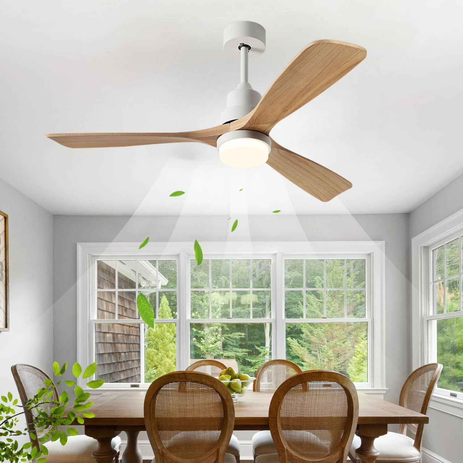 Real Wood Fan Blades 3-Color Dimmable American Style 52 Inch Ceiling Fan with Light for Living Room or Balcony Home Fan