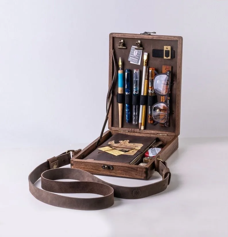 

Writers Messenger Wood Box Artist Tool and Brush Storage Box, Multi-Function Retro Wooden box Handmade Portable Postman