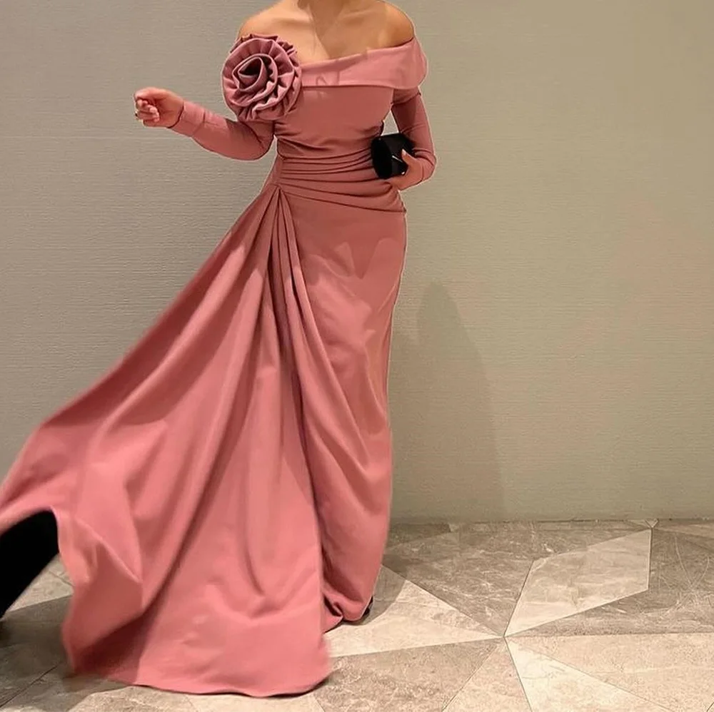 Strapless Off the Shoulder Long Sleeves Flowers Straight Jersey Floor Length Sweep Train Solid Color  Evening Dress Custom Size