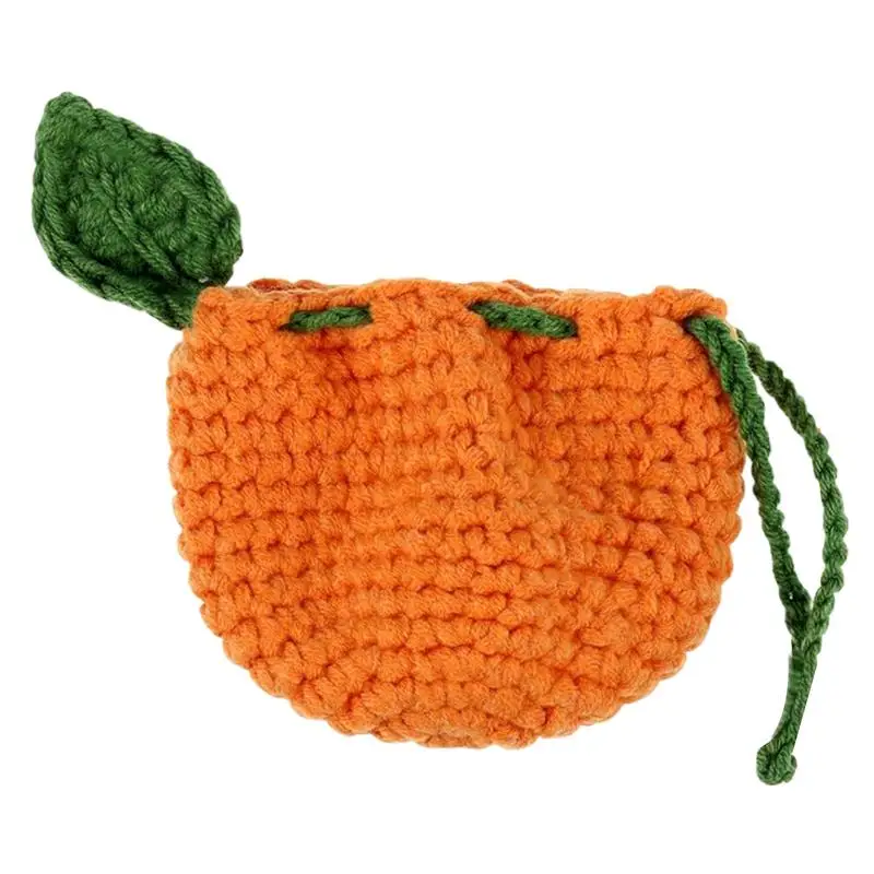 Cute Tangerine Bag Drawstring Crochet Fruit Packets Orange-Shaped Crochet Purse Cute Wallet Tangerine Bag Coin Headphones