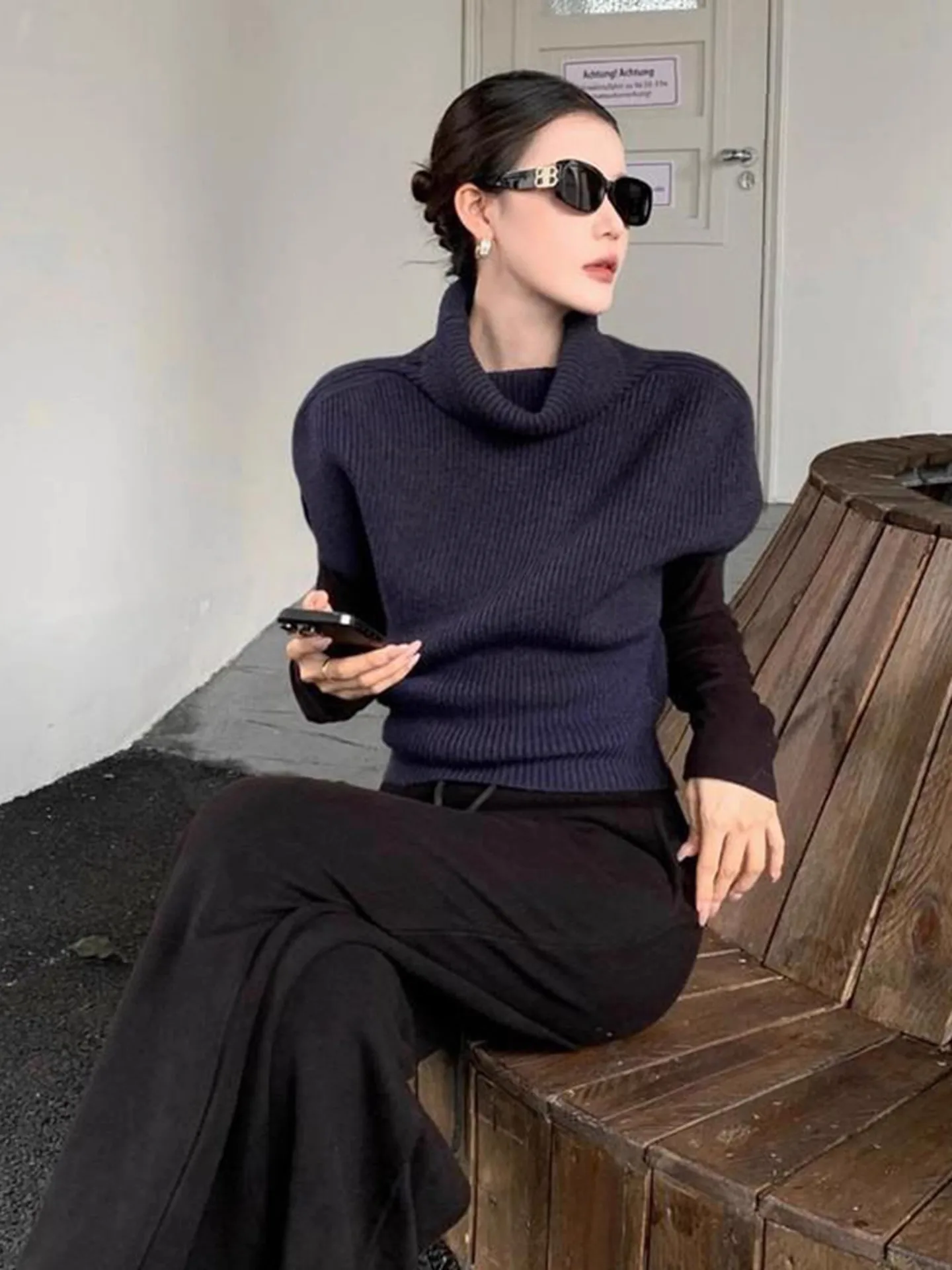 레트로 퍼플 하이 칼라 니트 조끼 여성용 봄 가을 레이어링 스웨터 아우터웨어 어깨 패드 탑 편안한 핏 니트웨어