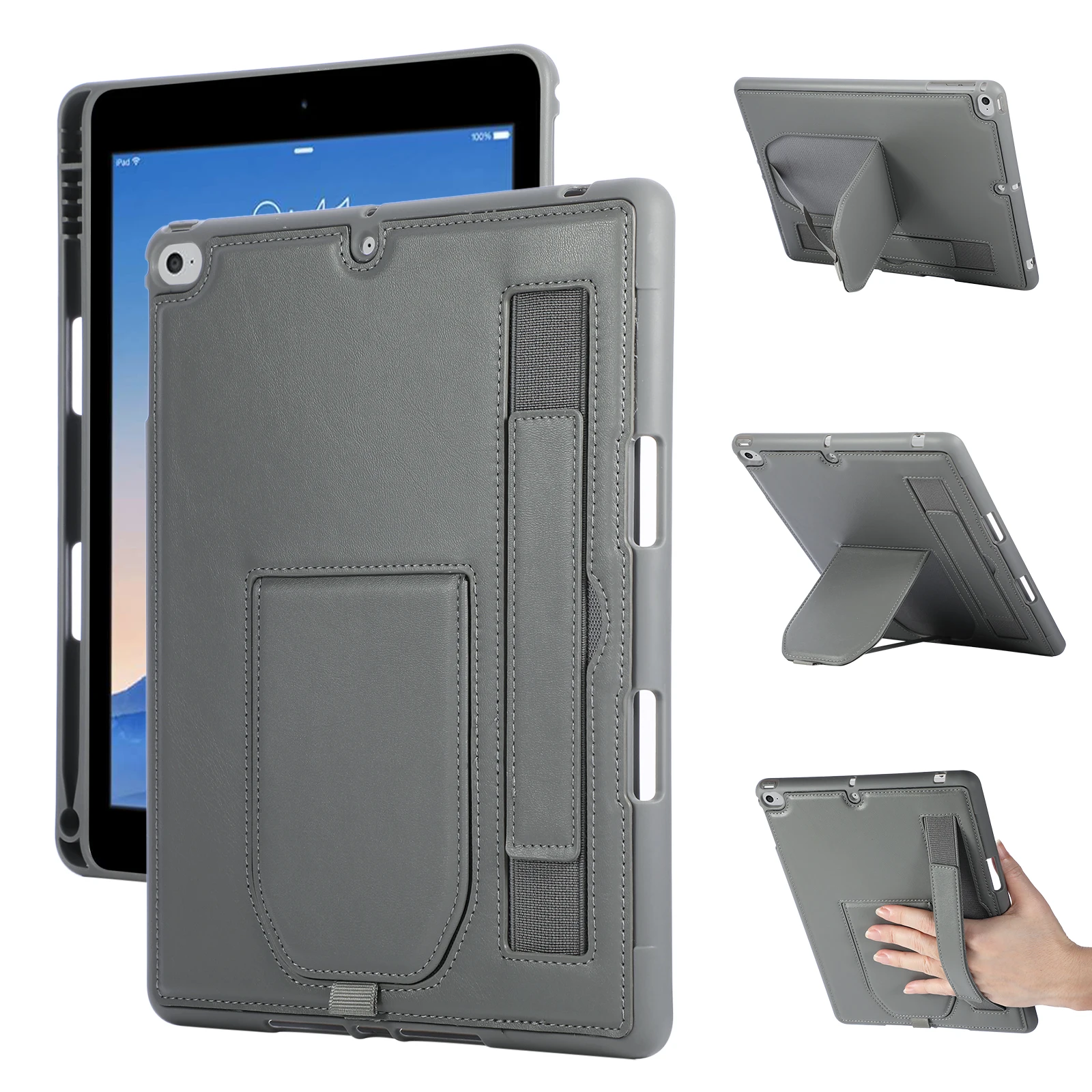 Tablet Case For iPad 9.7-inch (2018)  /  (2017)  /  Air 2  /  Air (2013) Kickstand PU + TPU Cover with Wristband  /  Pen Slot -