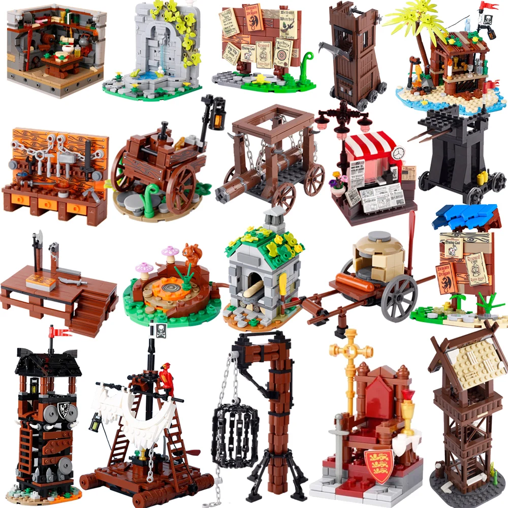 Medieval City MOC Building Blocks Bulletin Board Oven Kitchen Watchtower Gangsters Tent Tower Hanging Cage Guillotine Kids K039