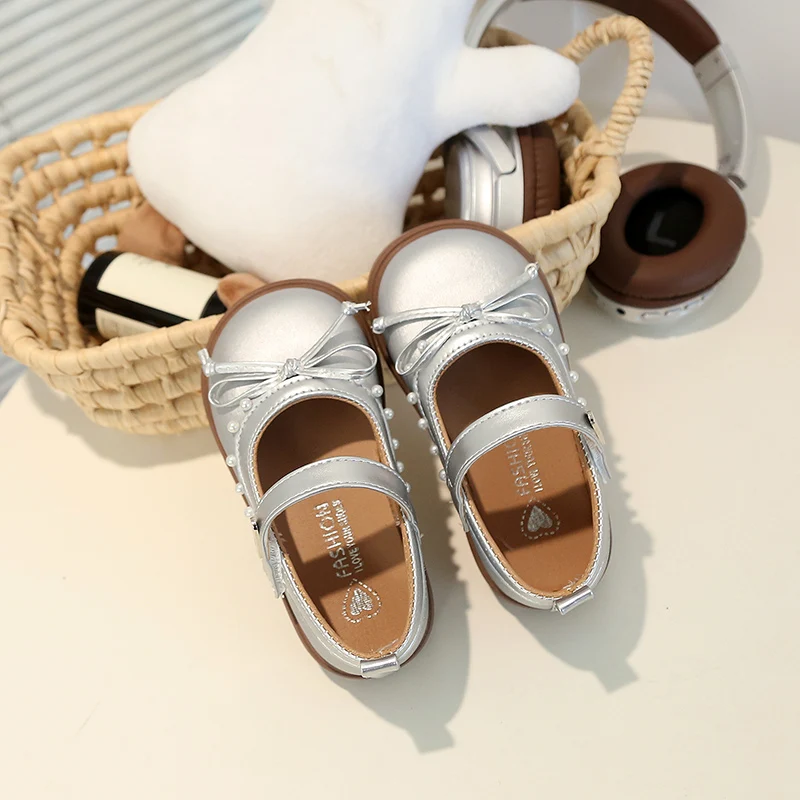 

Children Princess Shoes with Simple Bows Kids Leather Shoes Round Toes 2026 Brand New Girls Flat Shoes Soft Bottom Non-slip