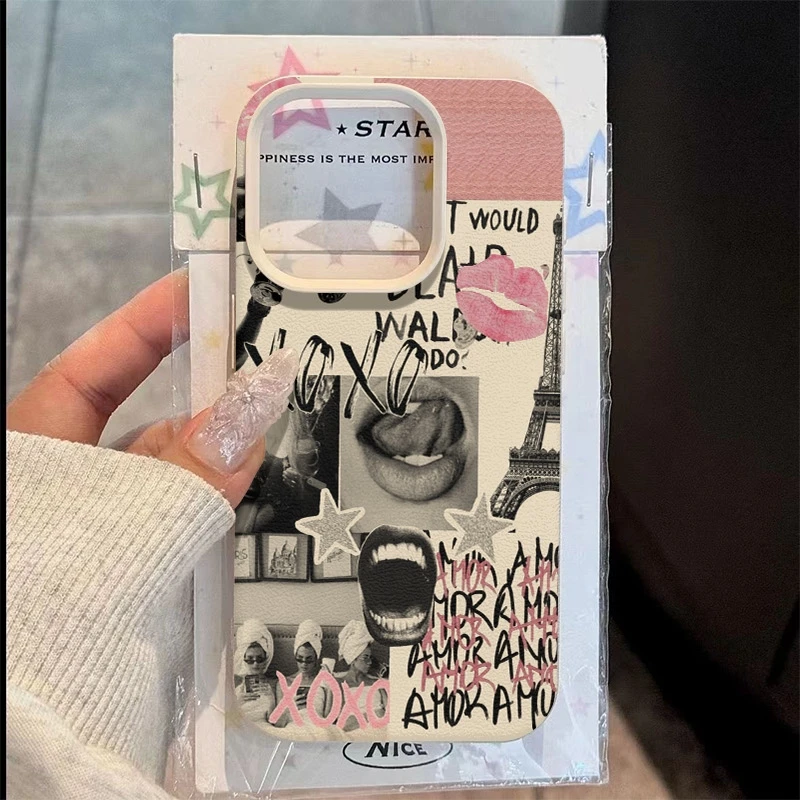 

Stylish Phone Case For iPhone 17 11 13 12 15 14 16 Pro Max XS XR X 7 8 Plus 17 Air Eiffel Tower Lip Print Lychee Pattern Cover