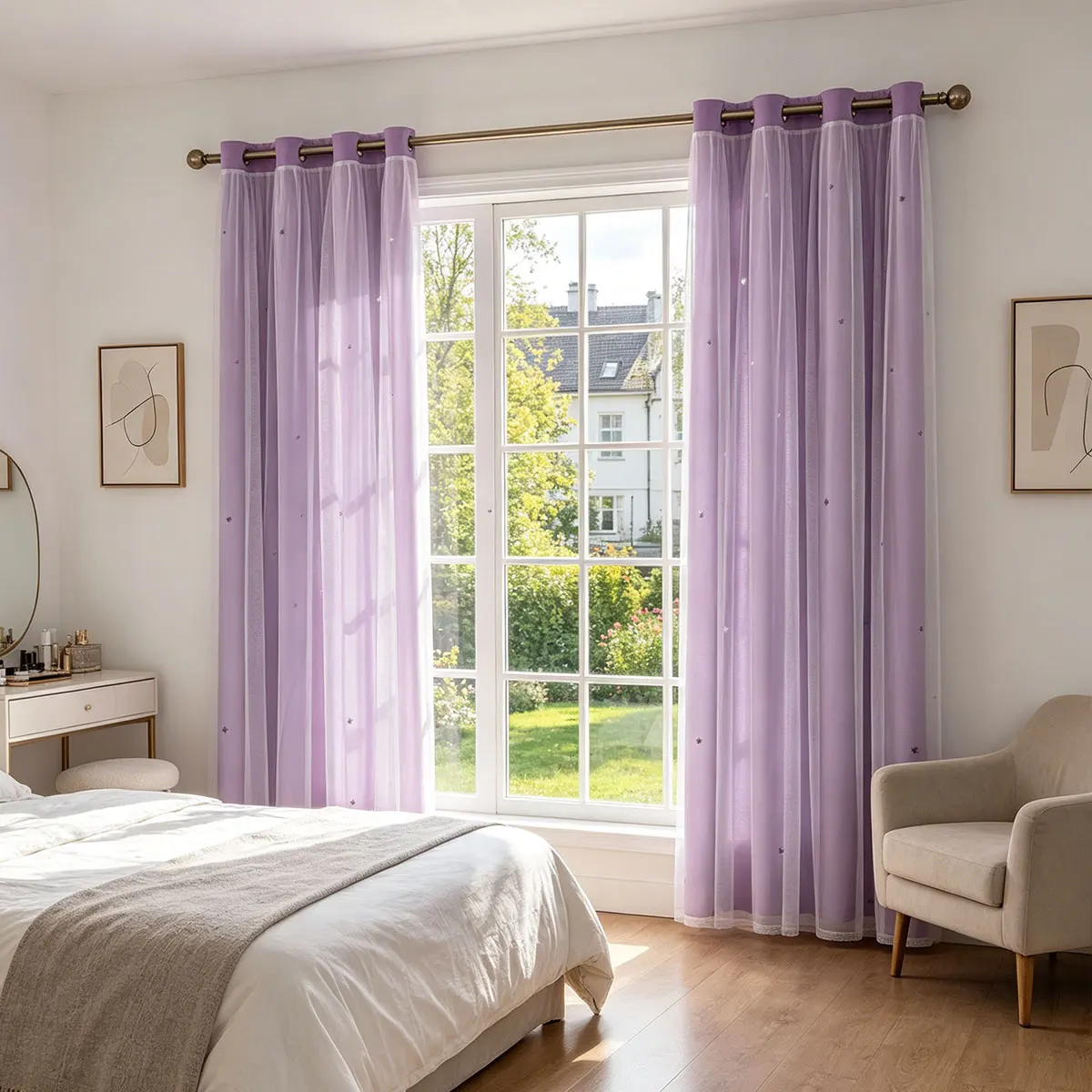 Purple Star Hollow‑Out Grommet Curtains 2pcs, Double‑Layer Sheer Tulle Drapes for Girls Bedroom