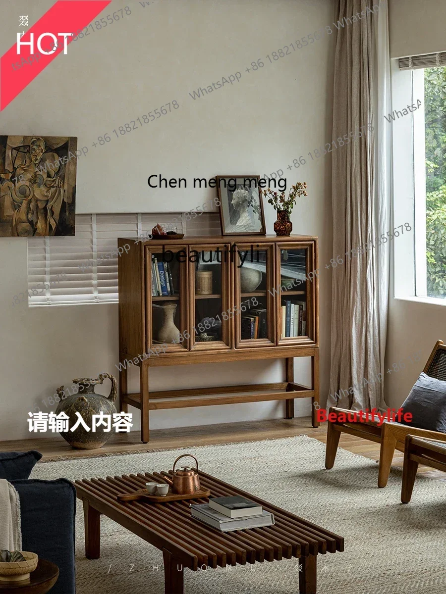 

cn8350 ss Medieval retro style living room dining side cabinet teak glass bookcase solid wood display storage locker