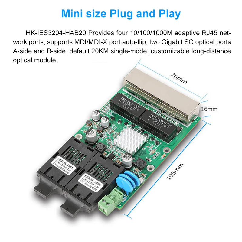 Industrial 2-Port Optical 4-Port Electrical Gigabit Single-Mode Single-Fiber Embedded Switch Module with 20km Reach - AB Series