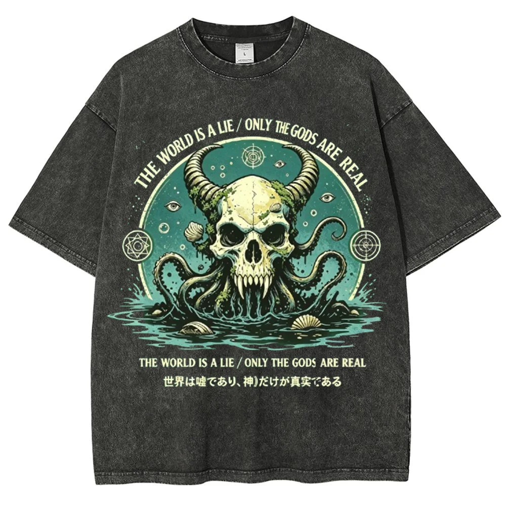 Men Vintage Skull Octopus Graphic T Shirt Gothic Sea Monster Print Short Sleeve Casual Streetwear Top