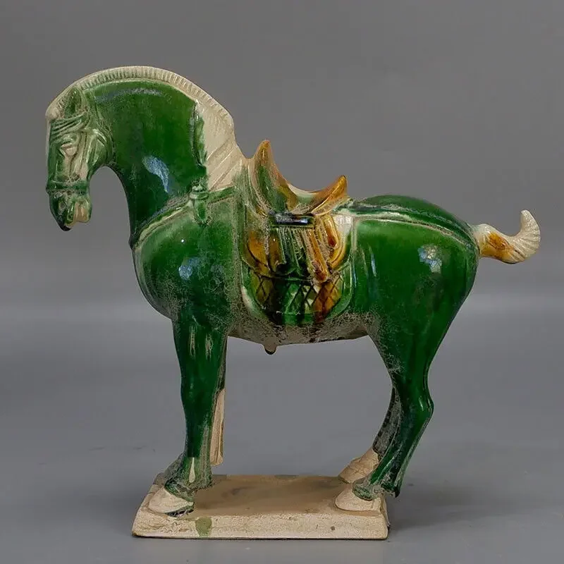 9.0 Inch Chinese Tang Tri-Color Glazed Ceramics Green Porcelain Statue War Horse