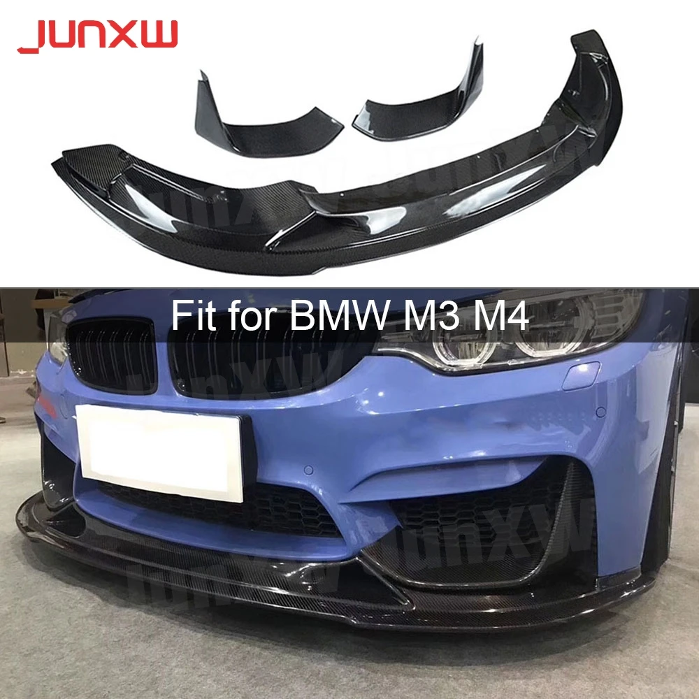 For M3 M4 Carbon Fiber Car Front Bumper Lip Spoiler with Splitters for BMW 3 4 Serises F80 M3 F82 F83 M4 2014-2017 R Style