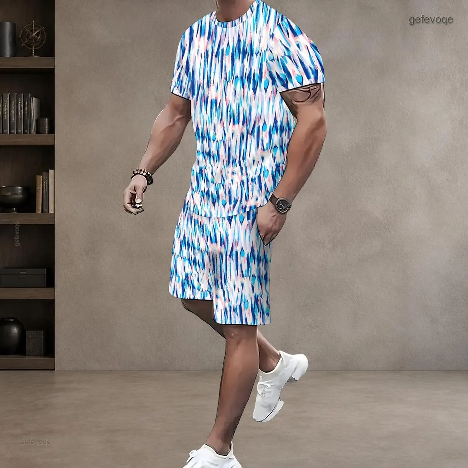 Printed Shorts Set for Men Round Neck Short Sleeve Top Drawstring Shorts Two Piece