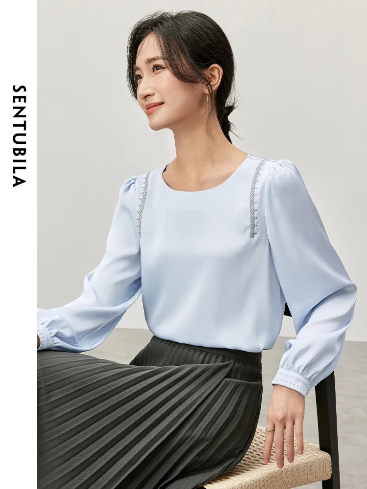 

SENTUBILA Spliced Embroidery Blouse Women 2025 Spring Chiffon Straight Crew Neck Puff Sleeve Texture Women Shirt 143V56930