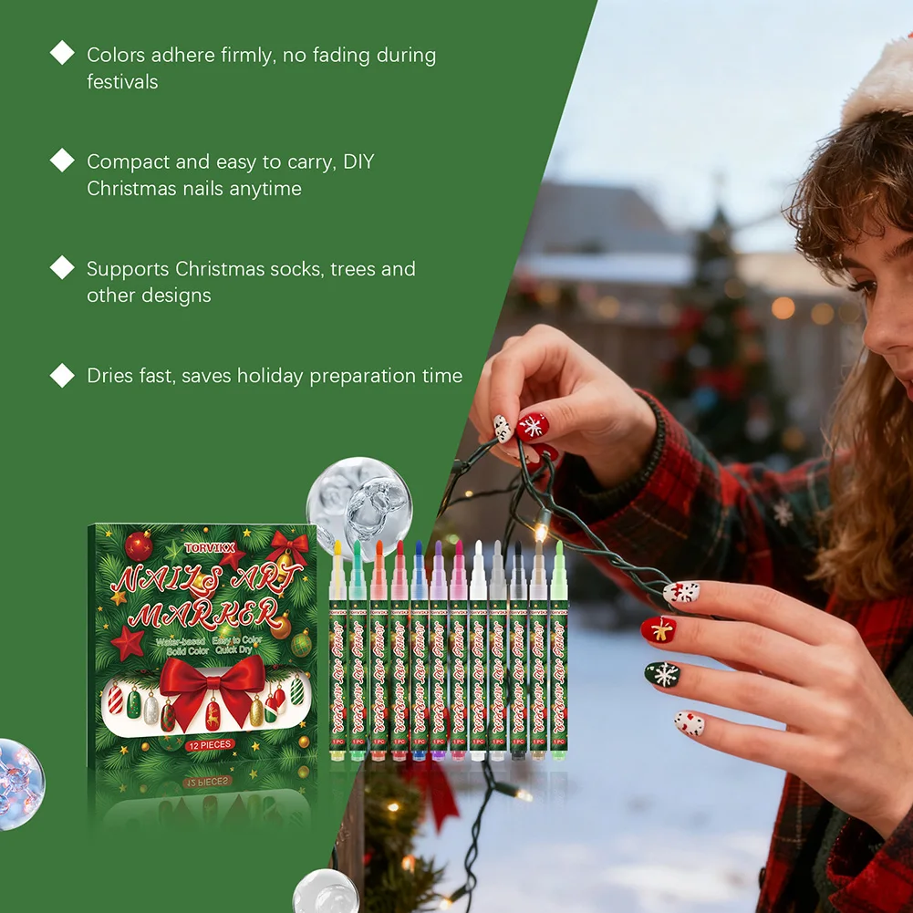 أقلام تصميم مخطط فني للأظافر تدوم طويلاً، موضوع عيد الميلاد، قلم تلوين الأظافر DIY، حفلة عيد الميلاد، قراءة الأظافر #1