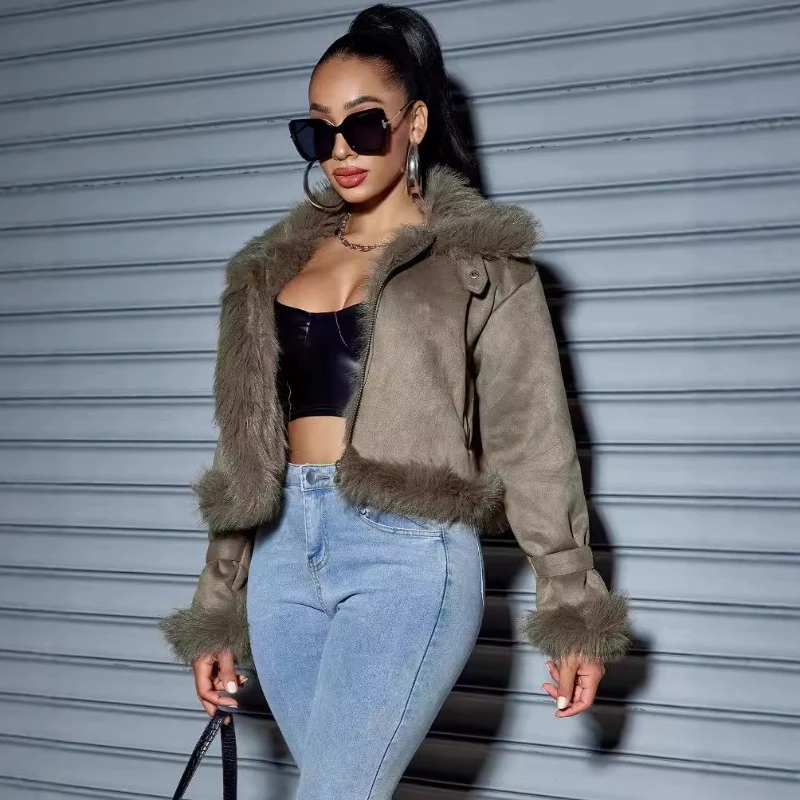 Gekerbter Kragen, Kunstpelzjacke, Wildleder, Reißverschluss, grün, kurzer Plüschmantel, warm, dick, Kunstfuchskragen, pelzige Jacken, flauschiger Straßenluxus