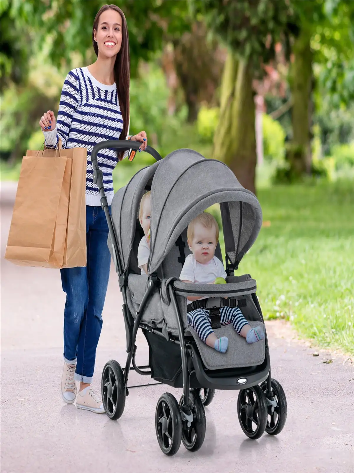 Klappbarer Doppelkinderwagen, Doppelkinderwagen mit verstellbarer Rückenlehne und Kapuze, Reisebuggy mit Liegefunktion