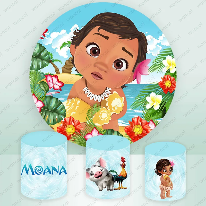 

Baby Moana Round Backdrop Baby Shower Background Disney Birthday Theme Round Cylinder Cover Decorations Photo Booth Props