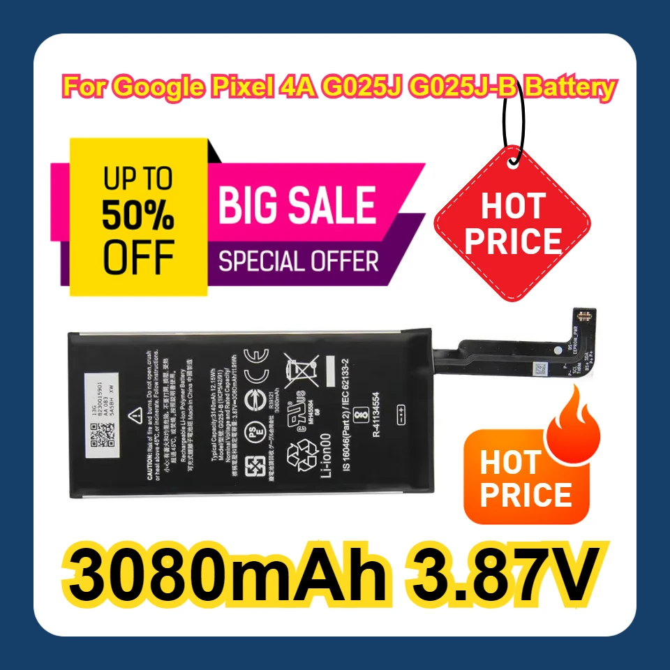 For Google Pixel 4A G025J G025J-B Battery 3080mAh 3.87V