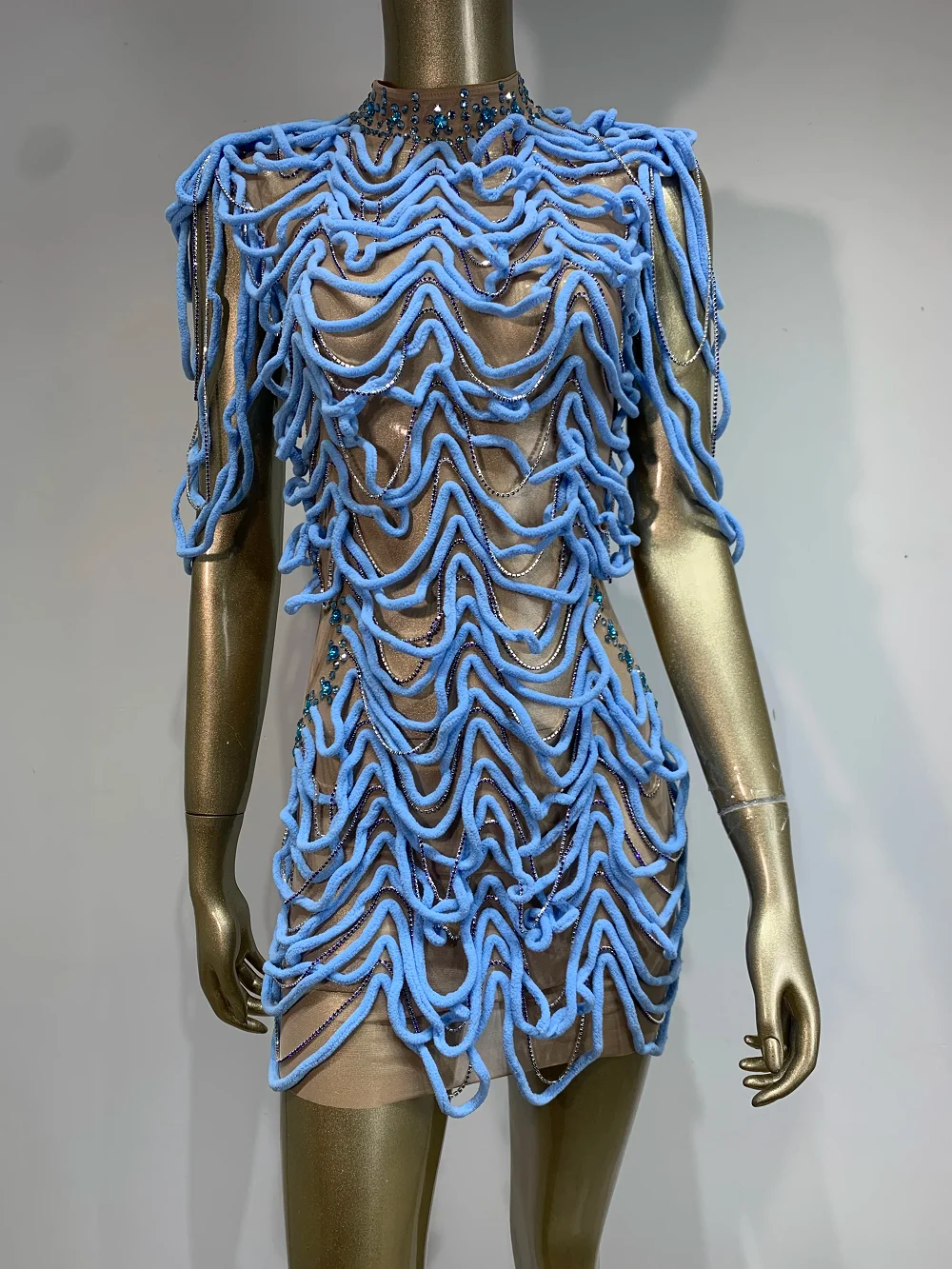 

2024 Women Sexy O Neck Crystal Diamonds Sky Blue Bodycon Mini Dress Birthday Party Costume Bar Nightclub Stage Performance Dress
