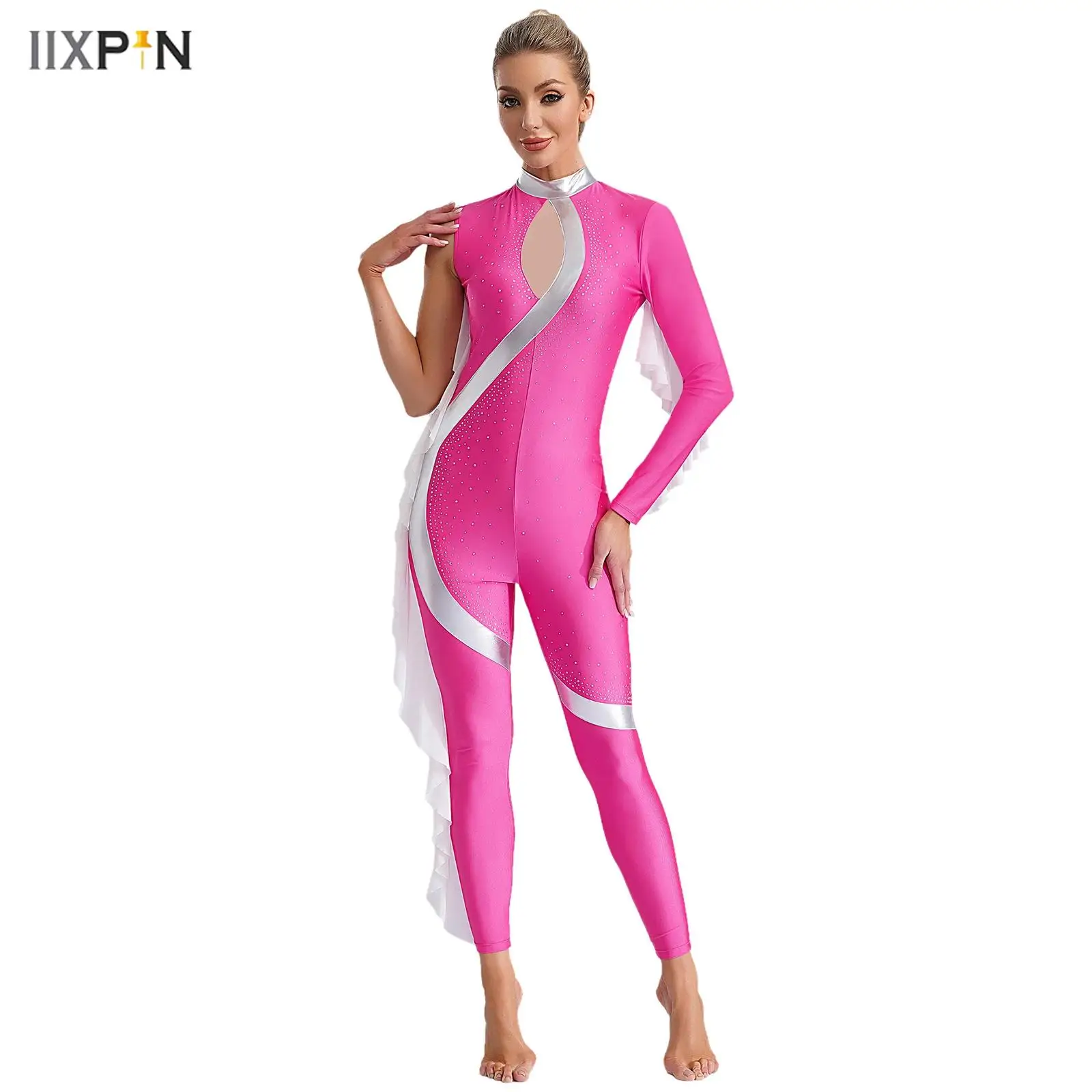 

Womens Acrobatics Gymnastics Dance Jumpsuit Color Block Ruffles Metallic Mock Neck Shiny Rhinestones Full Body Leotard Dancewear