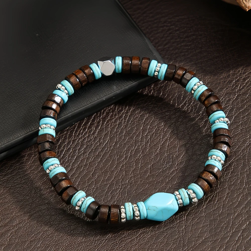 Böhmische Schwarze Gallenstein-Holzperlen-Armband, INS Grüne Imitation Naturstein Herrenarmband, Retro-Schmuck, Trendige Accessoires – Detail 2