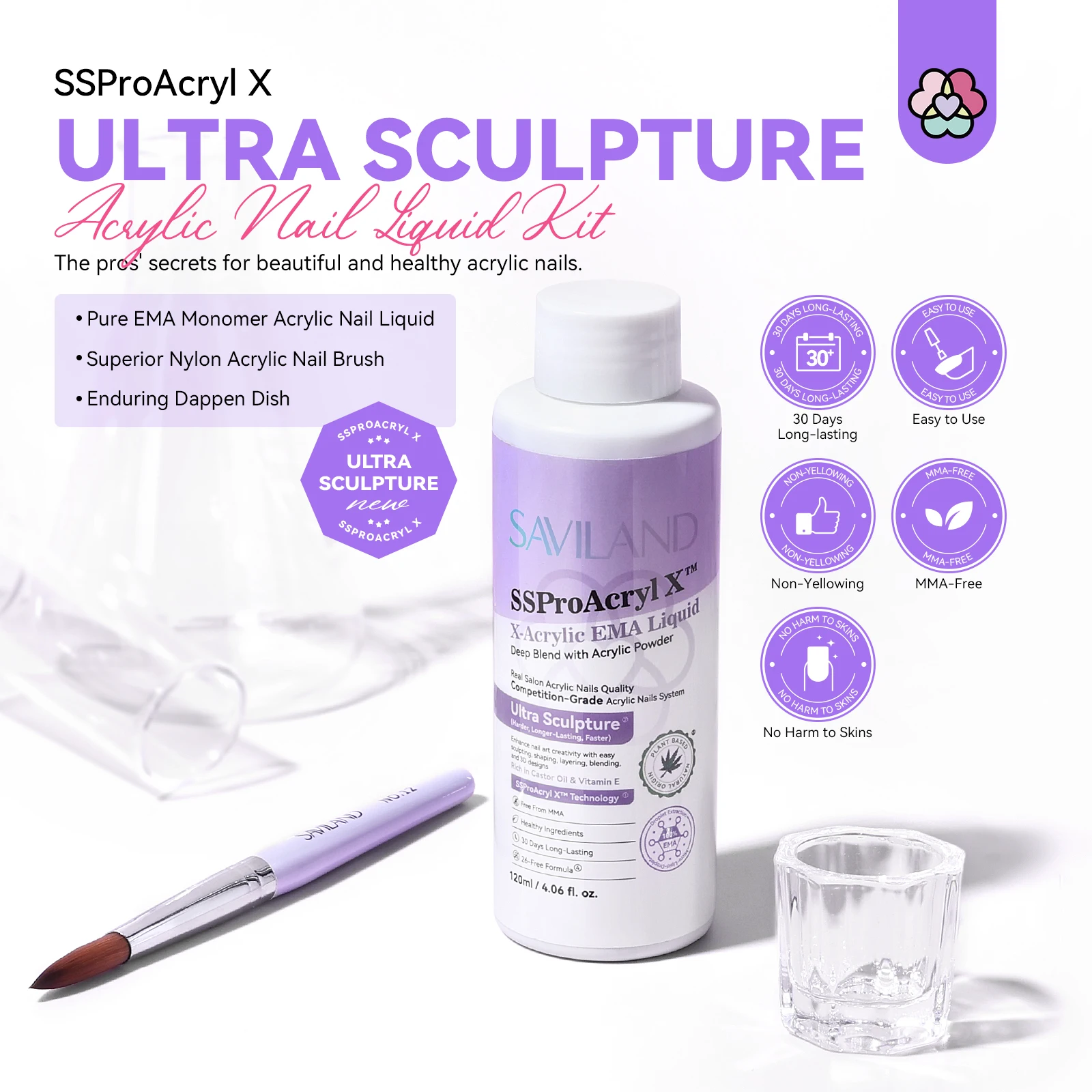サヴィランド モノマーアクリルネイルリキッド 4オンス 12個入り #   ネイルエクステンション初心者向けDIY用ネイルブラシとダッペンディッシュ