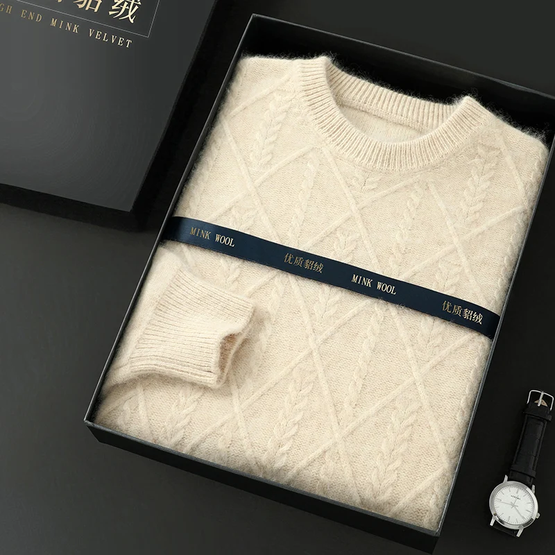 男性セーター 100% 純粋なミンクカシミヤ秋冬厚手ニットセーターカジュアルラウンドネックプルオーバー暖かいジャカード紳士服