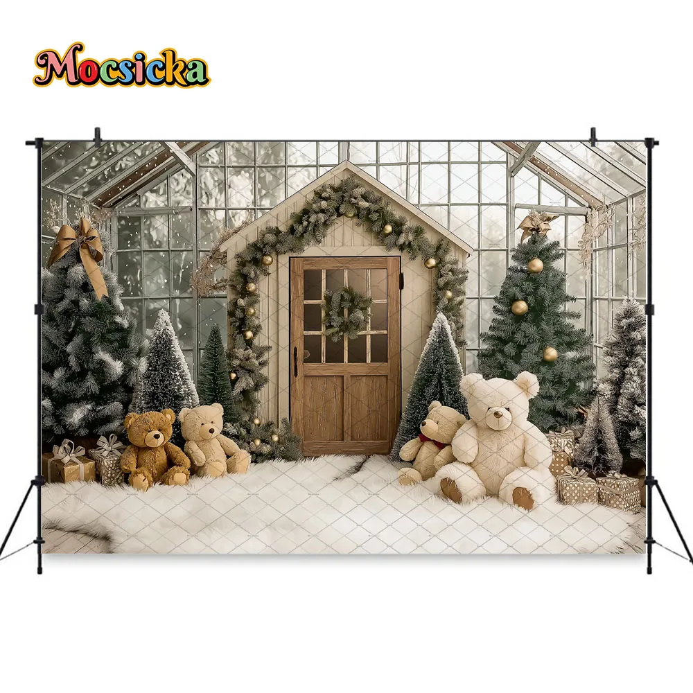 Mocsicka noël serre fond photographie arbre de noël cadeau ours porte en bois toile de fond hiver enfant bébé Photozone Studio