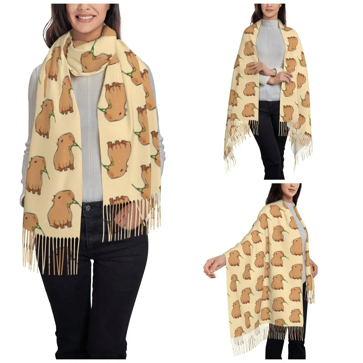 Capybara Leaf Eat Your Greens Scarf for Womens Warm Winter Shawls and Wrap Animal Lover Large Scarves with Tassel Ladies