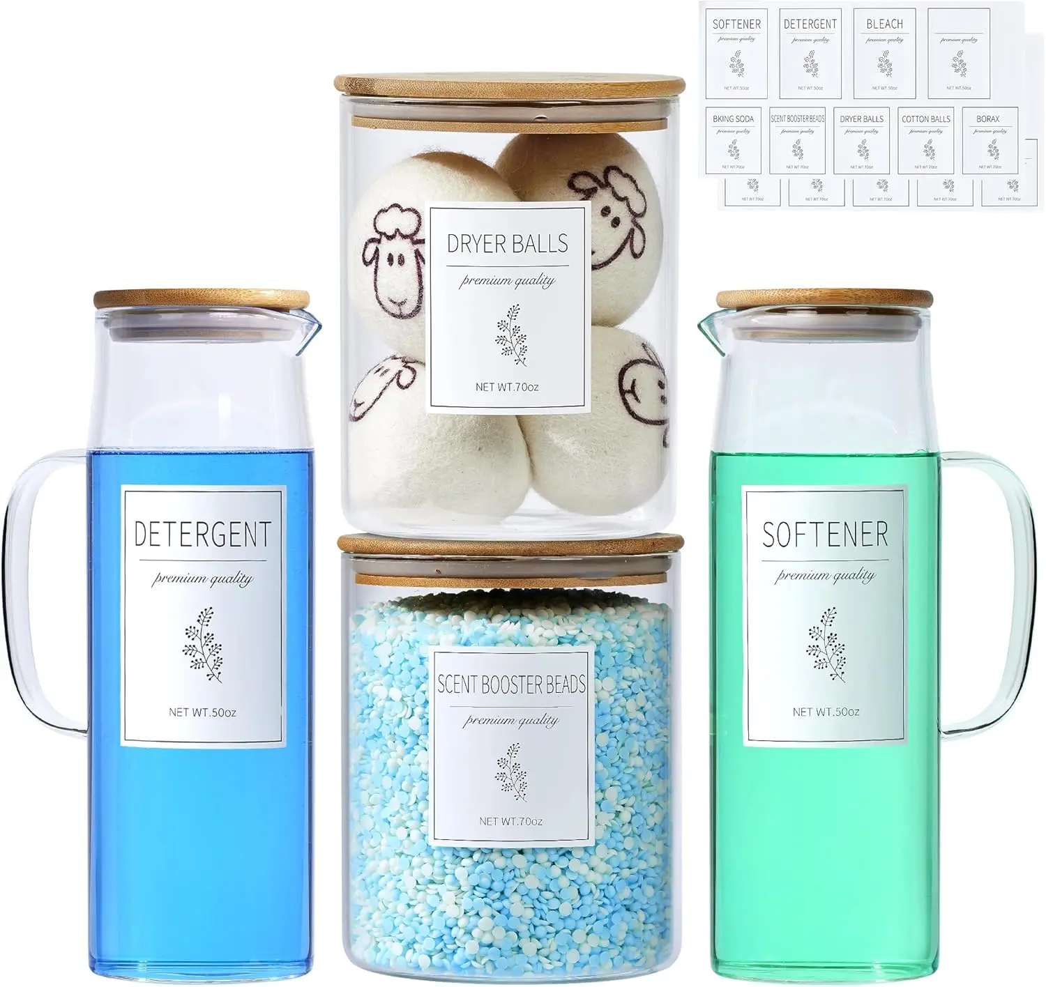 

Набор стеклянных диспенсеров для белья — 2 банки и 2 бутылки с бамбуковыми крышками, этикетки для хранения и декора