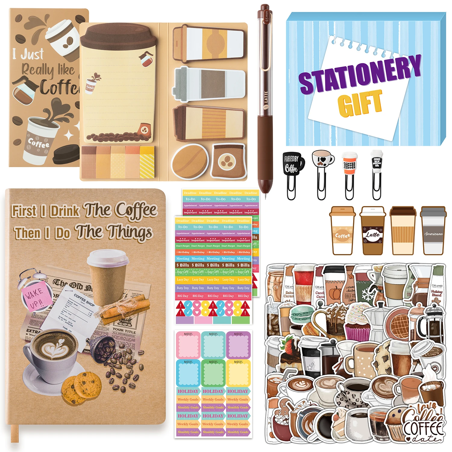 PU Leather Notebook Sticky Notes Gift Set 6-in-1 Stationery Kit with Pen Bookmarks Stickers for Back to School Multiple Styles