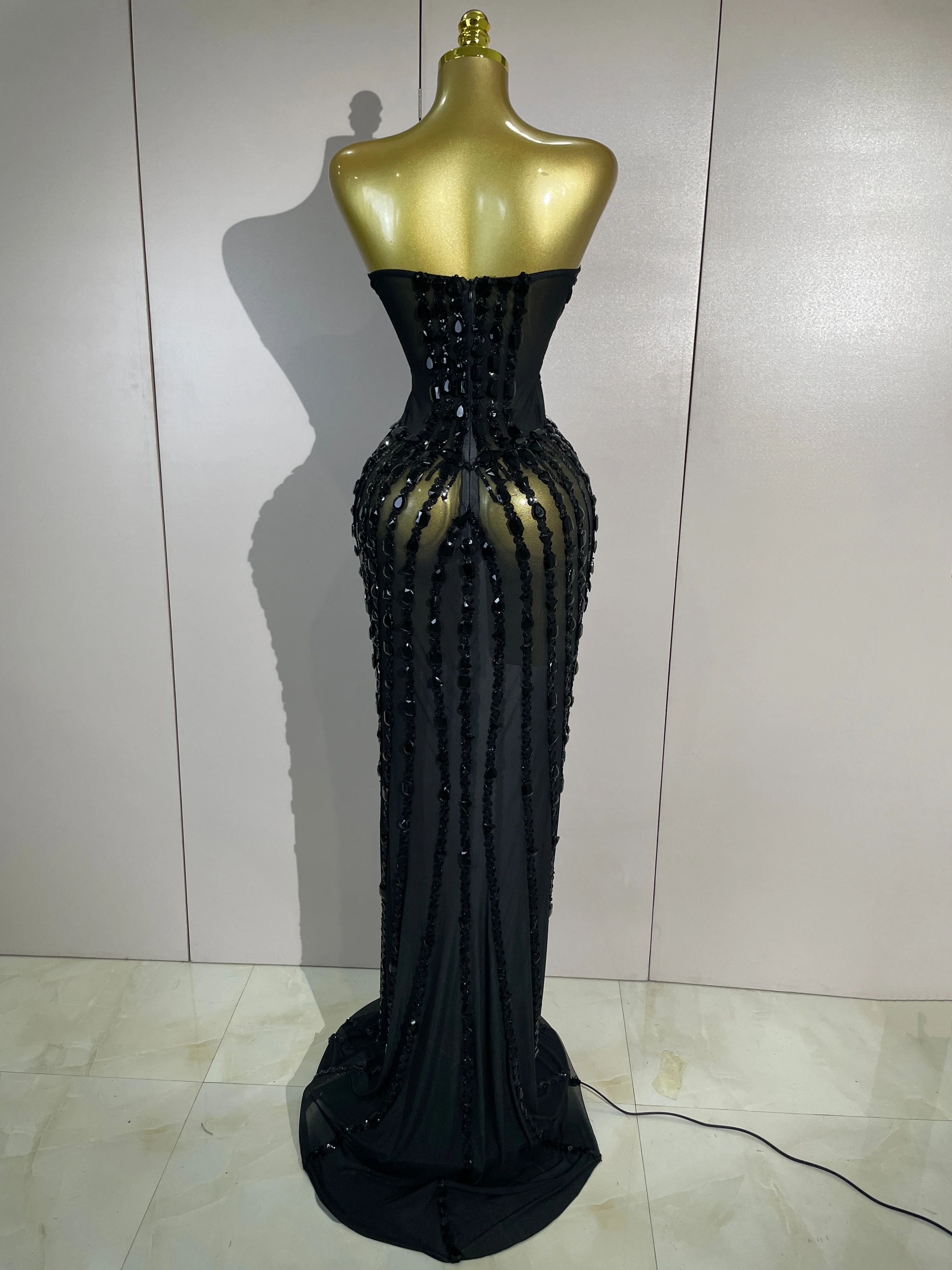 Sexy Red Strapless Mesh See Through Long Dress Evening Party Luxury Sparkly Diamond Birthday Nightclub PhotoShoot Stage Costumes