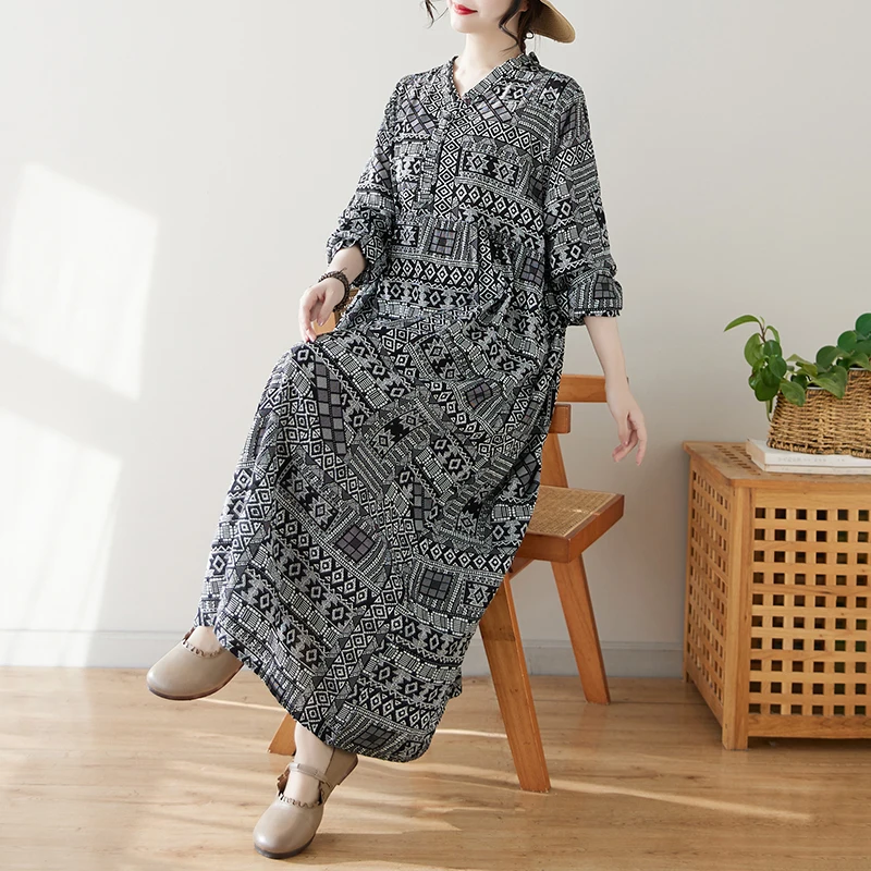 NYFS 2025 فستان طويل عتيق جديد لربيع وصيف فضفاض بأكمام طويلة مطبوع فستان نسائي رداء Elbise