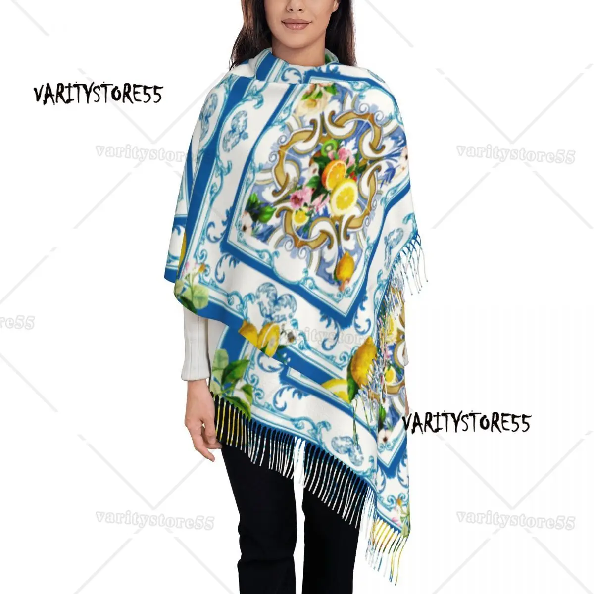 Custom Mediterranean Summer Fruit Lemons Tiles Tassel Scarf Women Winter Fall Warm Shawl Wrap Lady Scarves