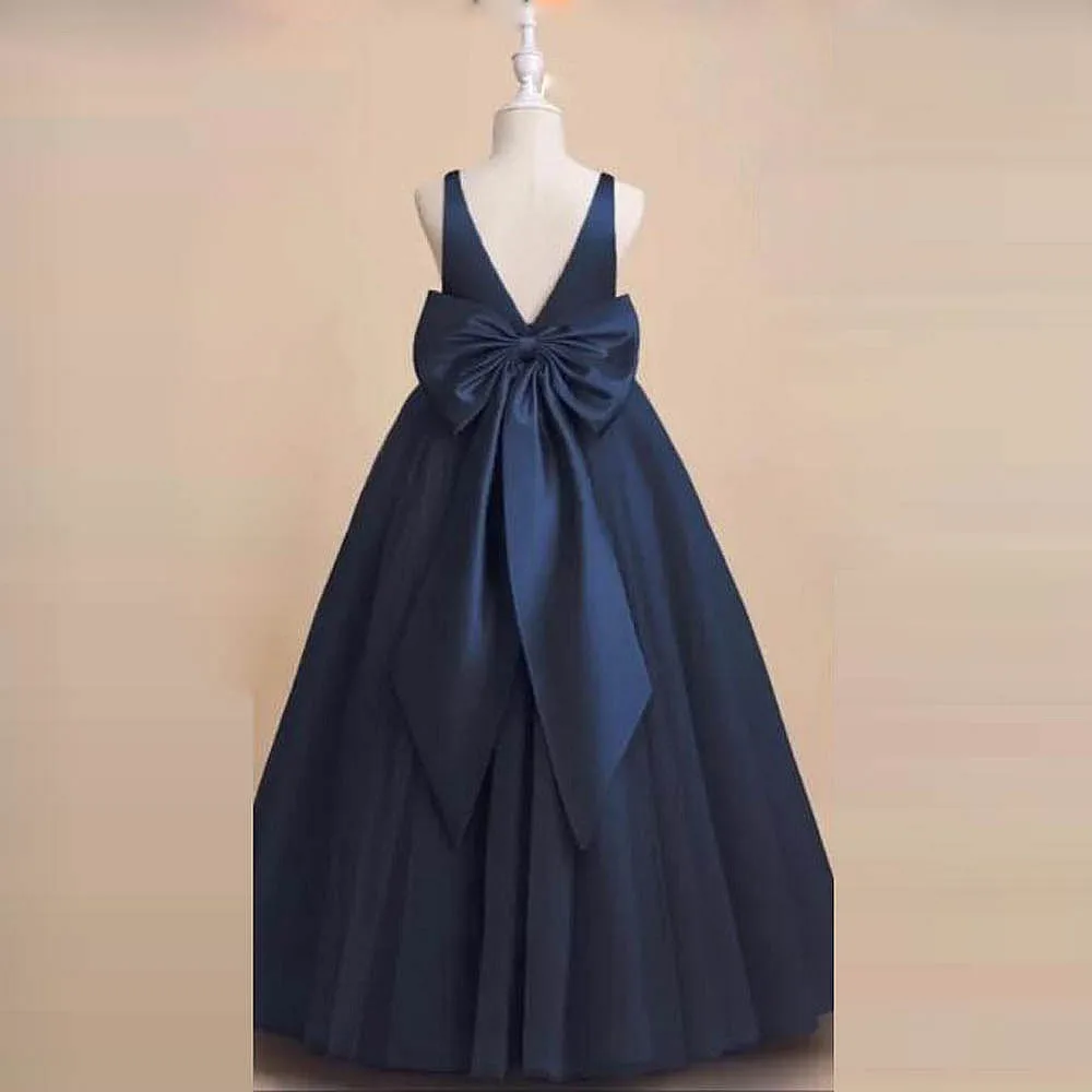 Navy Blue Kids Flower Girl Dress V Neck  Little Girls Birthday party Dress With Big Bows