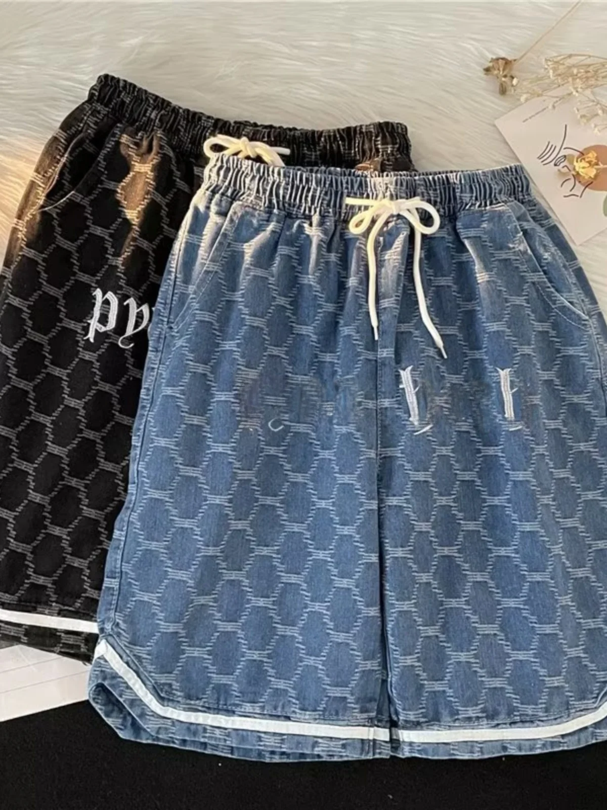 

Мужские джинсы High Street с вышивкой, летние, тонкие, в американском стиле, повседневные, свободные, прямого кроя, длиной до колена