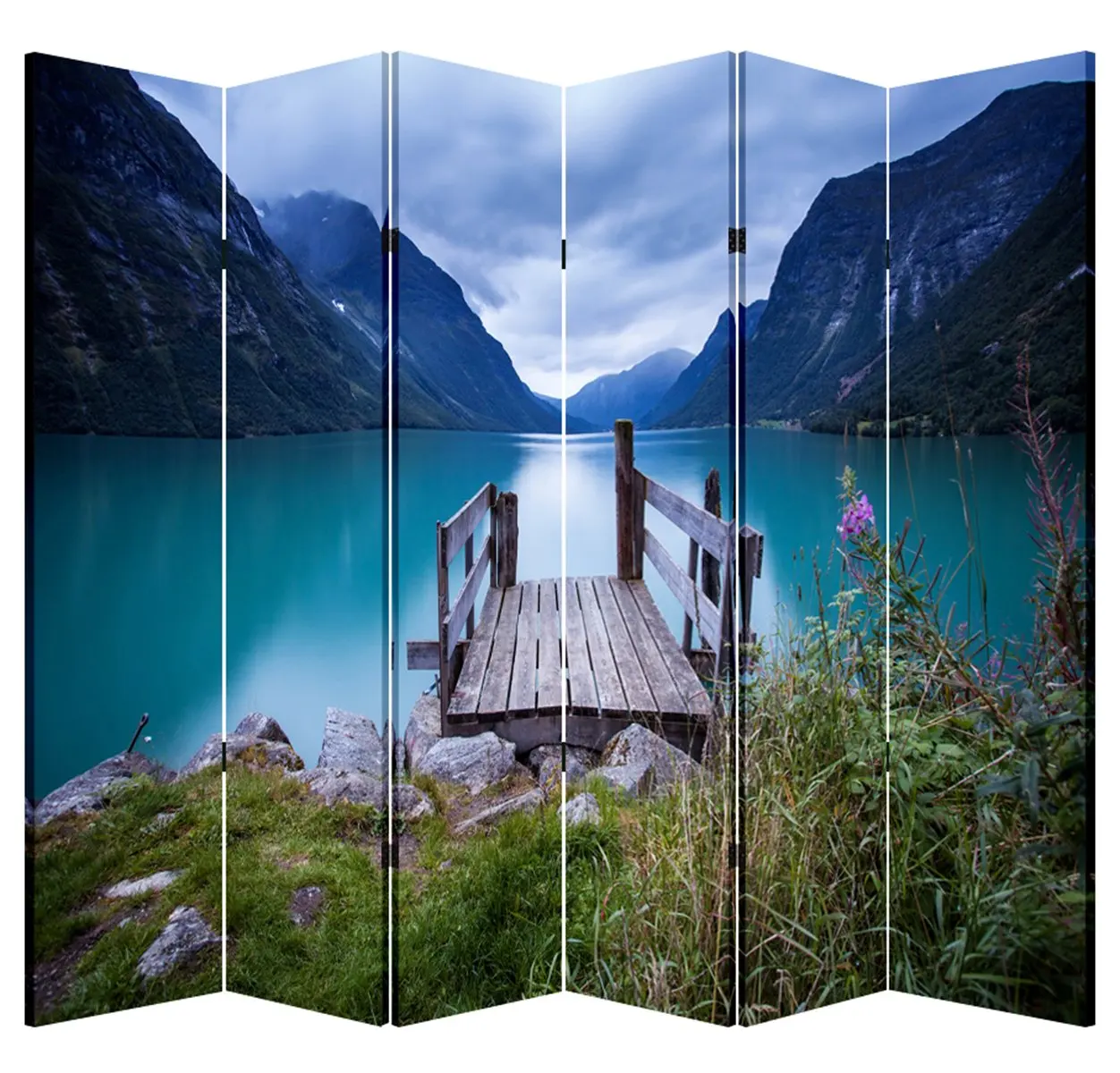 6 Panels Privacy Sn Room Divider Partition with Lake Dock Canvas, Water Resistant for Living Room, Bathroom, Home