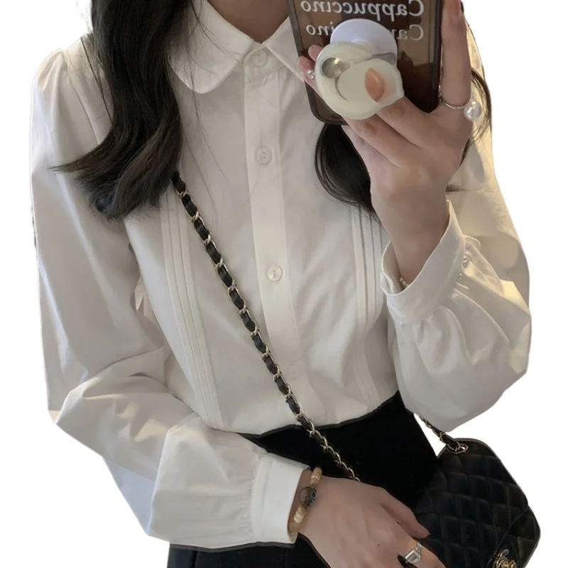 Korean Style Women Shirt Long Sleeve White Top Female Autumn Peter Pan Collar Fashion Woman Blouse 2024 Button Casual Clothes